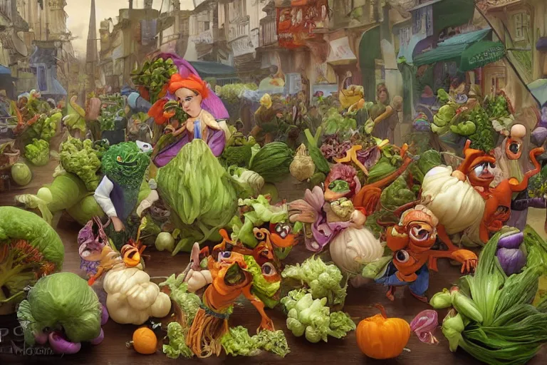 Image similar to miniature vegetable creatures parade on a cutting board. big chef in a kitchen in the background. digital art, realistic, pixar style, highly detailed, cinematic, matte painting, vivid colors, realistic, epic, low angle, lighting, by greg rutkowski and artgerm and alphonse mucha