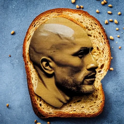 Image similar to artisan mustard in the shape of dwayne johnson's head, spread on toast. food photograph.