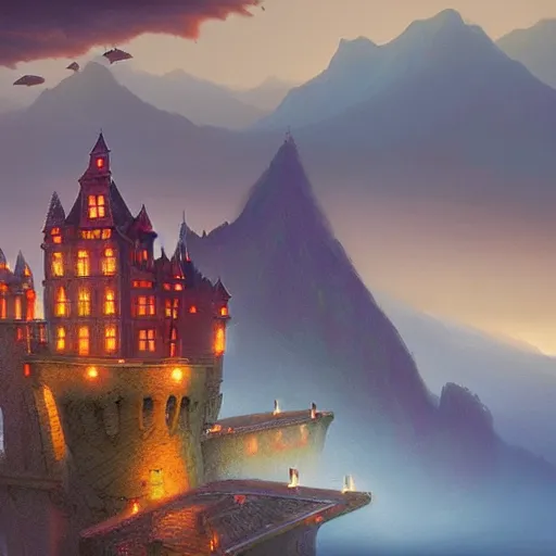 Prompt: Evil castle by Evgeny Lushpin, greg rutkowski,red sky,background foggy,mountains,