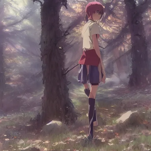 Image similar to anime character in the woods, hyperrealistic, trending on pixiv fanbox, painted by greg rutkowski makoto shinkai takashi takeuchi studio ghibli, akihiko yoshida