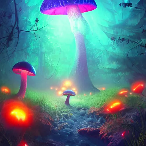 Image similar to dragon in a bright glowing mushroom forest runs for president of the galaxy uhd ultra realistic ray traced 4 k highly detailed sharp lines dramatic lighting artstation trending