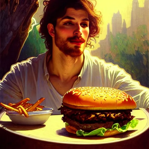 Prompt: painted portrait of ( mbs ) eating giant hamburgers, mature, handsome, fantasy, intricate, elegant, highly detailed, digital painting, artstation, concept art, sharp focus, illustration, illumination, holy ethereal light, art by gaston bussiere and alphonse mucha