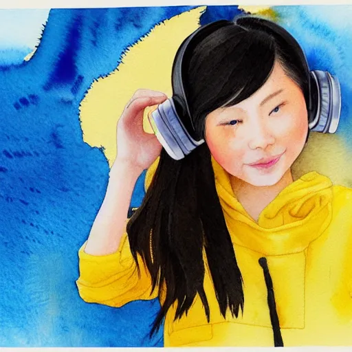 Image similar to cute Chinese girl with headphones and a yellow backpack in NYC, highly detailed watercolor painting