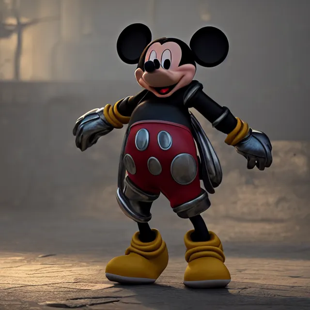 Image similar to ultra realistic mickey mouse wearing heavy armour and machine guns, dark cinematic, volumetric, realistic, 3 d render, realistic render, cinematic lighting, volumetric lighting, atmospheric, cinematic, unreal engine 5, unreal engine render, octane render, hd, photorealism, hyper realistic, photo, 8 k