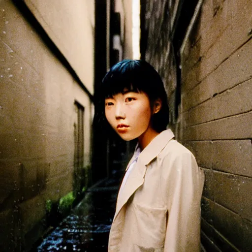 Prompt: 1990s perfect 8K HD professional cinematic photo of close-up japanese schoolgirl posing in sci-fi dystopian alleyway at morning during rain, at instagram, Behance, Adobe Lightroom, with instagram filters, depth of field, taken with polaroid kodak portra