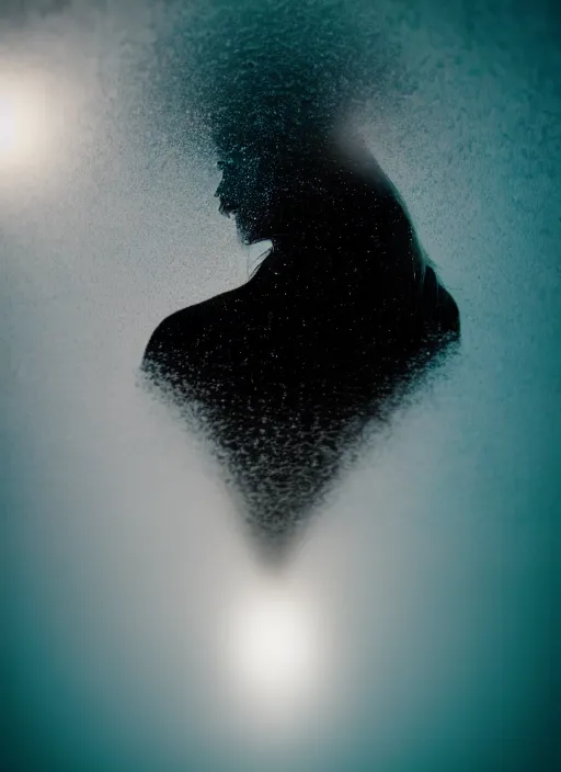 Image similar to crystallized human silhouette, large diffused glowing aura, long exposure, film grain, cinematic lighting, concept art, maximum detail, cgsociety, underwater, reflections, mirror, refraction