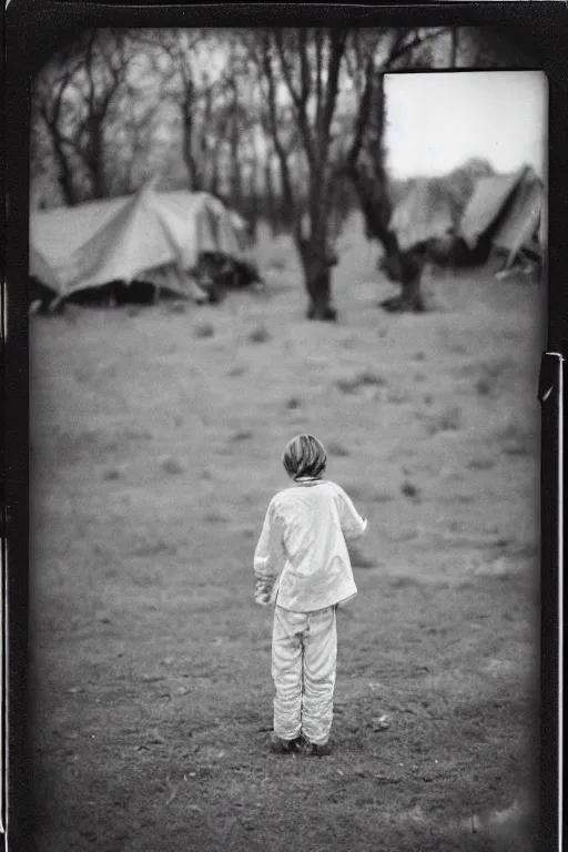 Image similar to photo polaroid of a sad and lonely child stands in the middle many tents of field hospitals, pandemic, covid,loneliness, black and white ,photorealistic, 35mm film,