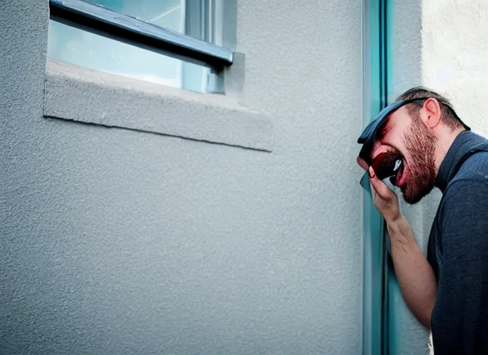 Image similar to a camera obscura closeup photo a man licking his window