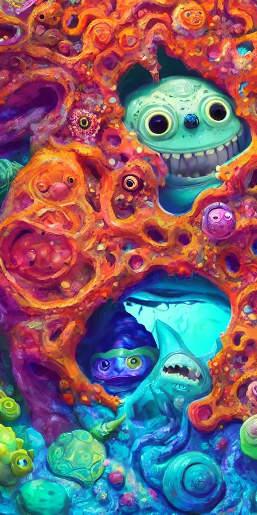 Image similar to of a colorful deep sea cave with strange cute friendly happy creatures with huge eyes, mouth, long tongue and round teeth appearing from sandy coral, in the style of gehry and gaudi, macro lens, shallow depth of field, ultra detailed, digital painting, trending artstation, concept art, illustration, cinematic lighting, photorealism, epic, octane render