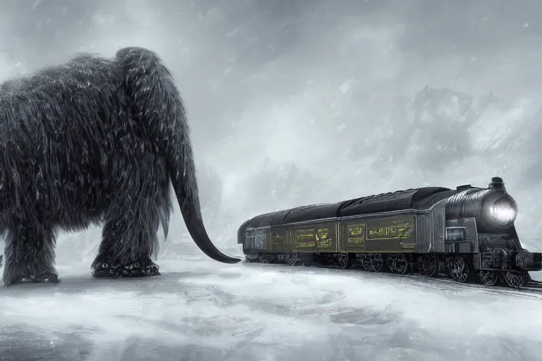 Image similar to a grand intricate futuristic black steam train next to a giant mammoth, post - apocalyptic ice landscape in snowstorm, concept art, artstation, highly detailed, digital art