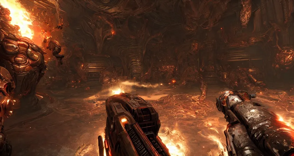 Image similar to gameplay of doom eternal, ambient lighting, concept art, intricate, hyper detailed, smooth, action, volumetric lighting, 3 d render, unreal, octane