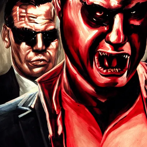 Image similar to Duke Nukem as The American Psycho, staring intensely, Duke Nukem art style, cinematic still