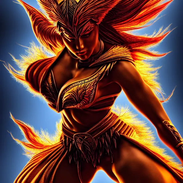 Image similar to phoenix warrior, artgerm, highly detailed, 8 k, hdr, close up, smooth, sharp focus, high resolution, award - winning photo