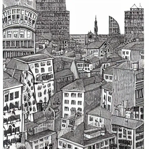 Image similar to a black and white drawing of a city, a storybook illustration by mattias adolfsson, behance contest winner, modern european ink painting, matte drawing, storybook illustration, panoramic, cityscape, minimalist