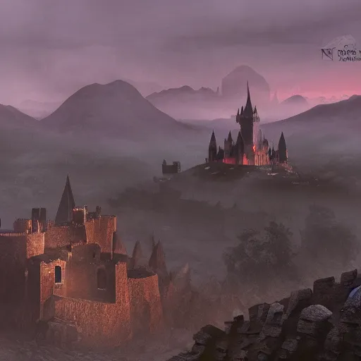 Prompt: view from above of a castle, architecture, mountains, Game of thrones style, Dusk, in the mist, dark atmosphere, cinematic lighting, Roger Deakins, Artstation Matte Painting, Albert Whitlock, horror, Vale in the mountains, concept art, 4k, unreal engine