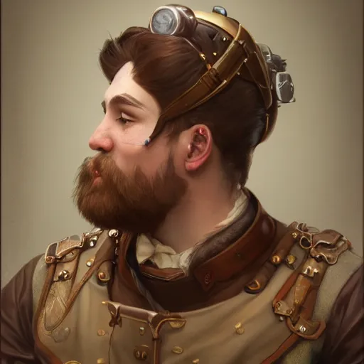 Image similar to portrait painting of a young male steampunk dwarf, highly detailed, digital painting, art by Stanley Lau and Artgerm and magali villeneuve and Alphonse Mucha, artstation, octane render, cgsociety