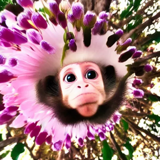 Prompt: cute baby monkey with flower crown fisheye lens