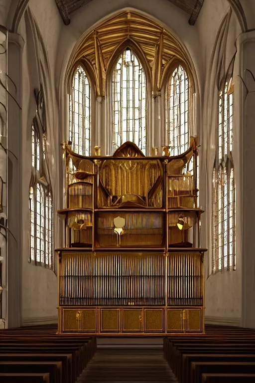 Image similar to a detailed render of an isolated lonely marble pipe organ in a church, with large golden pipes, in the middle of a field, supported by a lone stone column, trending on artstation, render, 3 d, octane, 4 k, 8 k, unreal engine, cinema 4 d