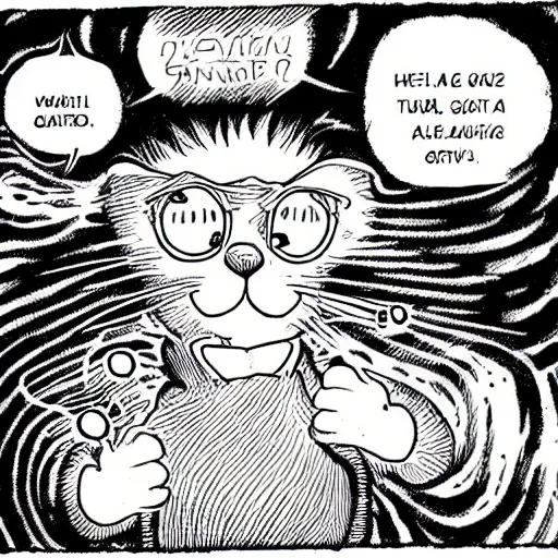 Prompt: Garfield drawn by Junji Ito, Manga panel