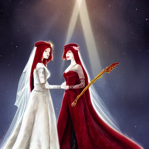 Image similar to a beautiful and detailed illustration of a lesbian wedding between emma watson as an evil pyromancer and scarlet johansson as a red mage, dark eyeliner, highly detailed, digital painting, unholy union, white church background, god rays, volumetric lighting, octane render, 4 k resolution, trending on artstation, masterpiece, in a luminist baroque style