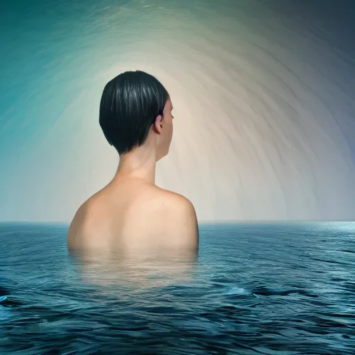 Image similar to water artwork manipulation in the shape of a human head, on the ocean water, futuristic, glowing, gradient, hyper realistic, ray tracing, realistic water, sharp focus, long shot, 8 k resolution, cinematic, photoshop water art