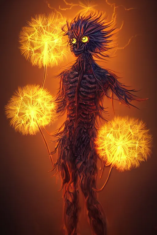 Image similar to a glowing humanoid figure dandelion monster with large glowing eyes, surrounded by elemental flames, highly detailed, digital art, sharp focus, trending on art station, artichoke, anime art style