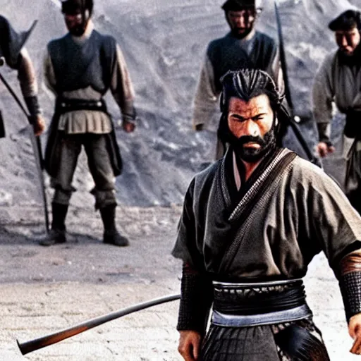 Image similar to handsome and strong kurdish!!!! samurai in a movie directed by christopher nolan, movie still frame, promotional image, imax 7 0 mm footage, perfect symmetrical facial features