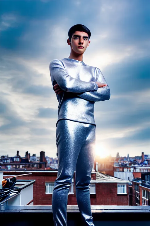 Image similar to un ultra high definition studio quality photographic art portrait of a young man standing on the rooftop of a british apartment building wearing soft padded silver pearlescent clothing. three point light. extremely detailed. golden ratio, ray tracing, volumetric light, shallow depth of field. set dressed.