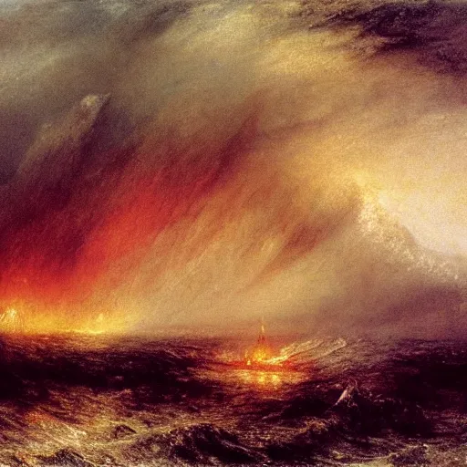 Image similar to a ship burning in the distance during a storm, by william turner, by beksinski, by caspar david friedrich, oil painting, romantism, realism, limited palette