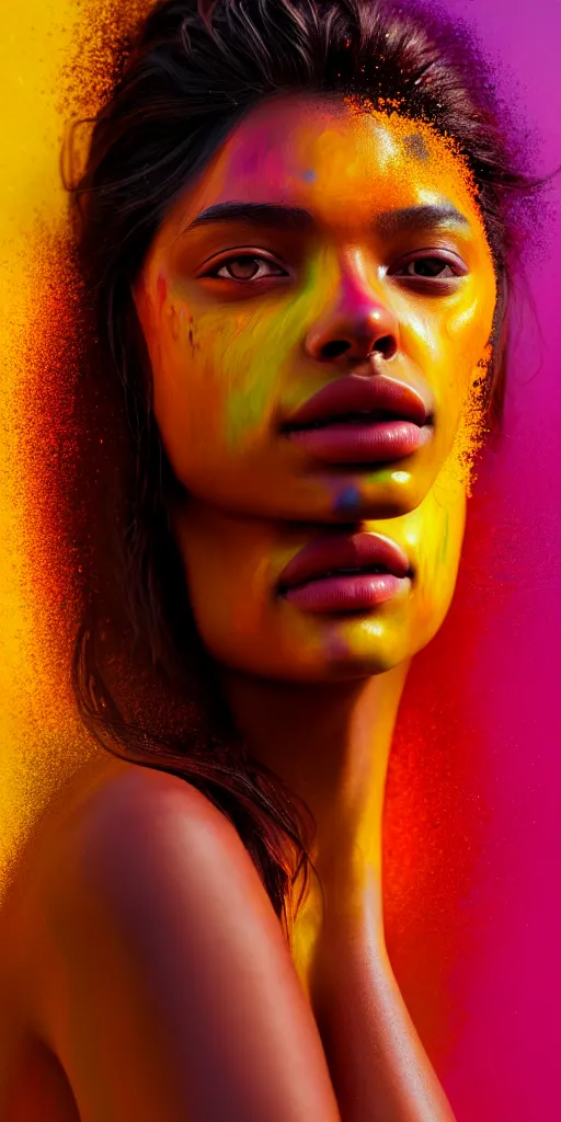 Image similar to portrait of very beautiful woman, face emerging from pool of colorful oils, brown skin, realism, extreme detail, real life, key art, soft light, volumetric light, 3 - d shadows, photo by james jean and wlop, photoshoot