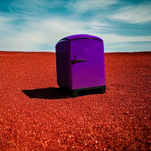 Image similar to purple refrigerator on red sand with green ocean and black sunset