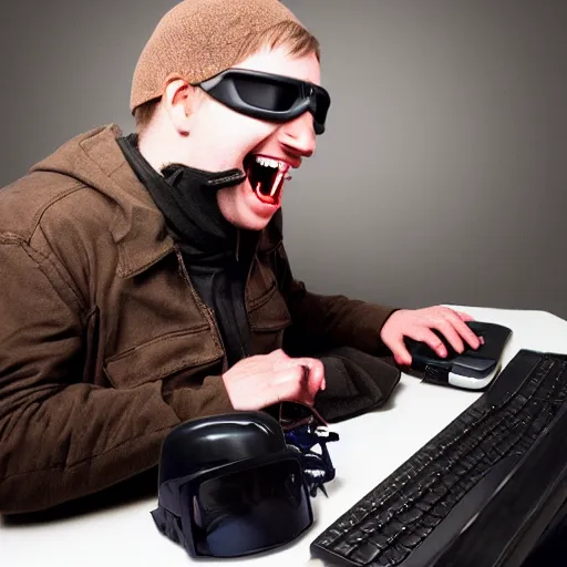 Prompt: Thief laughs maniacally while typing at a computer, wearing thief outfit, wearing goggles, photo manipulated