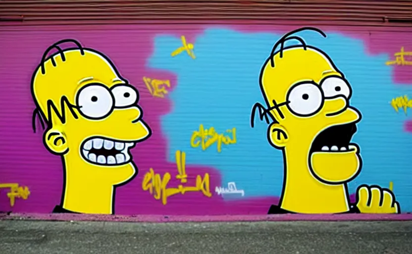 Image similar to a real life cartoon character homer simpson covered with graffiti by henry chalfant