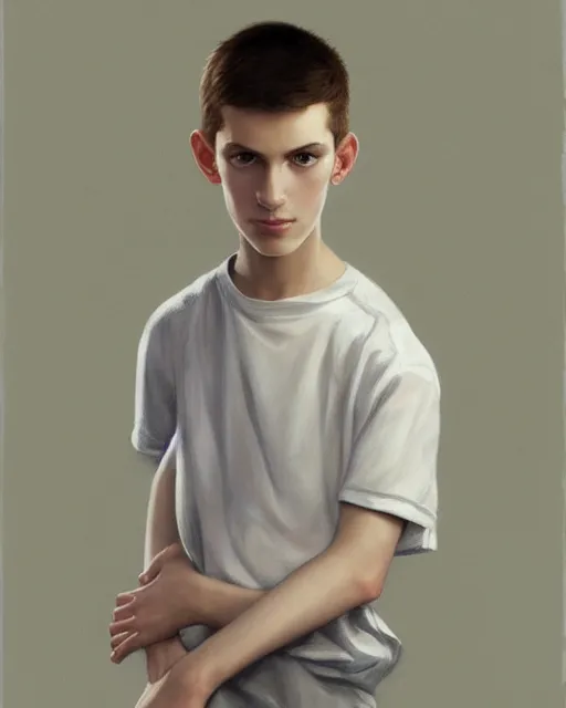 Image similar to portrait of 1 5 - year - old boy, a tall, slender boy with a pale, pointed face, sleek blond hair, and ice grey eyes, cold grey eyes, highly detailed, digital painting, artstation, concept art, smooth, sharp focus, illustration, art by artgerm and greg rutkowski and alphonse mucha