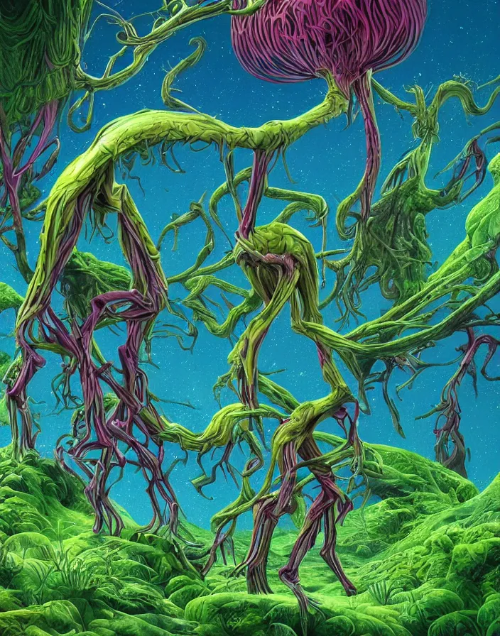 Prompt: a Alien with long limbs thinking by the edge of a celestial forest located on another planet, in the style of roger dean, vibrant colors, high detail, 8k,