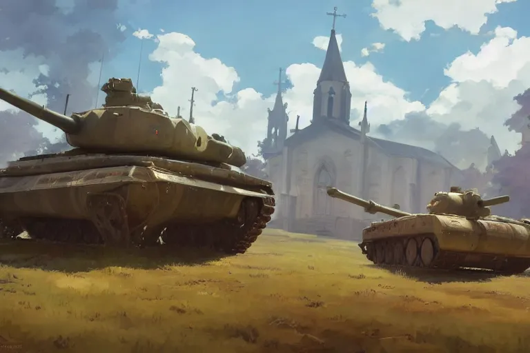 Image similar to a tank with a church as gun plattform, scene in an open field. key visual, conceptart, ambient lighting, highly detailed, digital painting, artstation, concept art, sharp focus, by makoto shinkai and akihiko yoshida and greg manchess