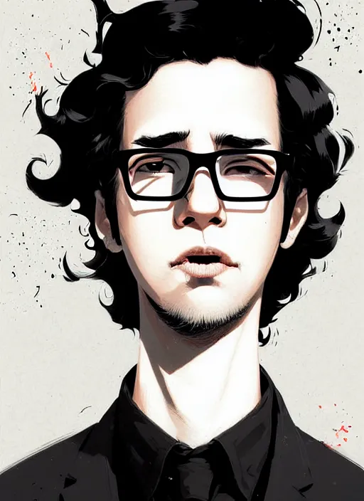 Prompt: highly detailed closeup portrait of cool black hair shaggy glasses boy, wavy hair, black suit by atey ghailan, by greg rutkowski, by greg tocchini, by james gilleard, by joe fenton, by kaethe butcher, gradient galaxy, black and white color scheme, grunge aesthetic!!! ( ( graffiti tag wall background ) )