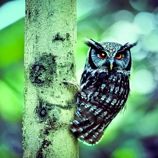 Image similar to owl mixed with black widow spider, hybrid creature, macro lens, bokeh, kodak color film stock