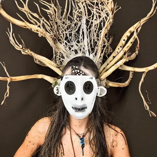 Prompt: a third eye hyphae shaman with bone virtual reality headset brain - to - brain sensing interface mask, made of fungal mycelial mats used as textile shamanic mask by indigenous people of north america, with black dripping liquid latex embossed tentacular waterly biocouture tattoos