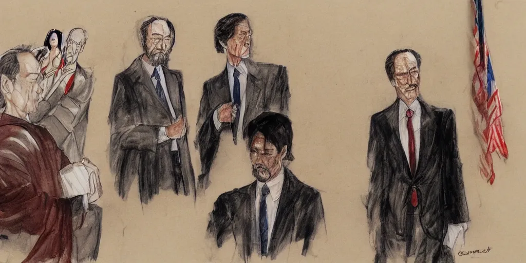 Image similar to Confucius and jury trial, a few suits afar, in the american courtroom sketch by Christine Cornell by Batton Lash by John M. Downs by Leo Hershfield, judge with face of clint eastwood, concept art