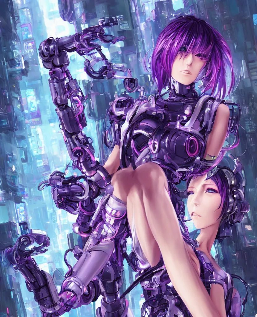 Image similar to A beautiful painting of a cyberpunk anime girl with purple hair and an a huge robot arm sensual stare, augmentations and cybernetic enhancements neon circuits, by Stanley Artgerm Lau, WLOP, Rossdraws, James Jean, Andrei Riabovitchev, Marc Simonetti, and Sakimichan, trending on artstation, hyperrealist, cinema4D, 8k highly detailed ❤️‍🔥 🔥 💀 🤖 🚀