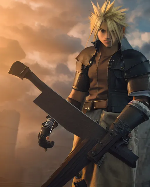 Image similar to final fantasy vii follows the story of mercenary cloud strife, who is hired by the eco - terrorist group avalanche 8 k resolution cryengine unreal engine vray trending on artstation award winning anime character design