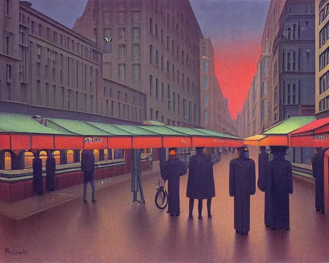 Image similar to street with food stands in a cyberpunk city on a rainy melancholy night by rene magritte