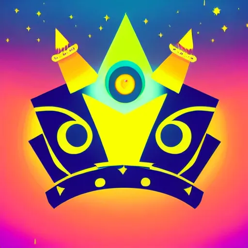 Image similar to a glowing colorful minimal elegant crown sitting on a table with one large beautiful eye on top of it like a jewel, stars on top of the crown, night time, vast cosmos, geometric light rays exploding outwards into stars, bold black lines, flat colors, minimal psychedelic 1 9 5 0 s poster illustration