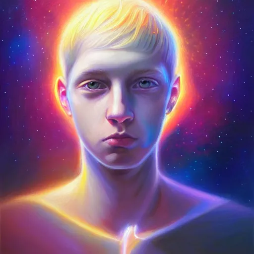 Image similar to visionary art by mandy jurgens, powerful eyes glowing highly detailed painting of deep sadness alone, young blonde boy spiritual portrait, fractal electricity surrounding him, expressive emotional sadness piece, trending on art station, abstract emotional sadness expression, very very very beautiful, fantasy digital art, visionary art, magical fantasy 2 d concept art, cosmic nebula