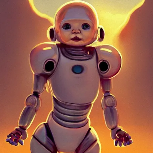 Image similar to clear portrait of robot baby, adorable appearance!!!, golden hour, happy apearance, cottagecore!!, background hyper detailed, character concept, full body, dynamic pose, intricate, elegant, highly detailed, digital painting, artstation, concept art, smooth, sharp focus, illustration, art by artgerm and greg rutkowski and alphonse mucha