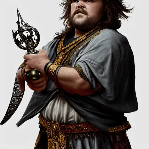 Image similar to professionally-painted ultradetailed ornate RPG award winning masterpiece illustration of Jack Black, fully clothed with black robe with silver ornates, digital airbrush painting, 3d rim light, hyperrealistic, artstation, cgsociety, kodakchrome, golden ratio