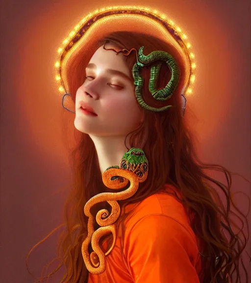 Prompt: portrait of teenage medusa, snake hair, naughty smile, wearing an embroidered orange tunic, intricate, sensual, sultry, elegant, copper and emerald jewelry, glowing lights, seductive, highly detailed, digital painting, artstation, concept art, smooth, sharp focus, illustration, art by wlop, mucha, artgerm, and greg rutkowski