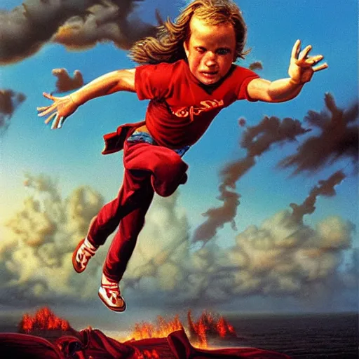 Image similar to a running child surrounded covered, lightning, vapor, mist, smoke, blood drops, fire, a highly detailed matte painting by John Philip Falter and Jason Edmiston