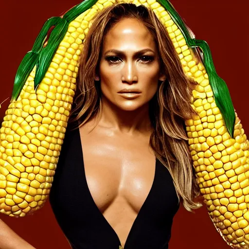 Image similar to full body photo of jennifer lopez, she is wearing a funny kid's hallowen costume of corn on a cob, studio lighting